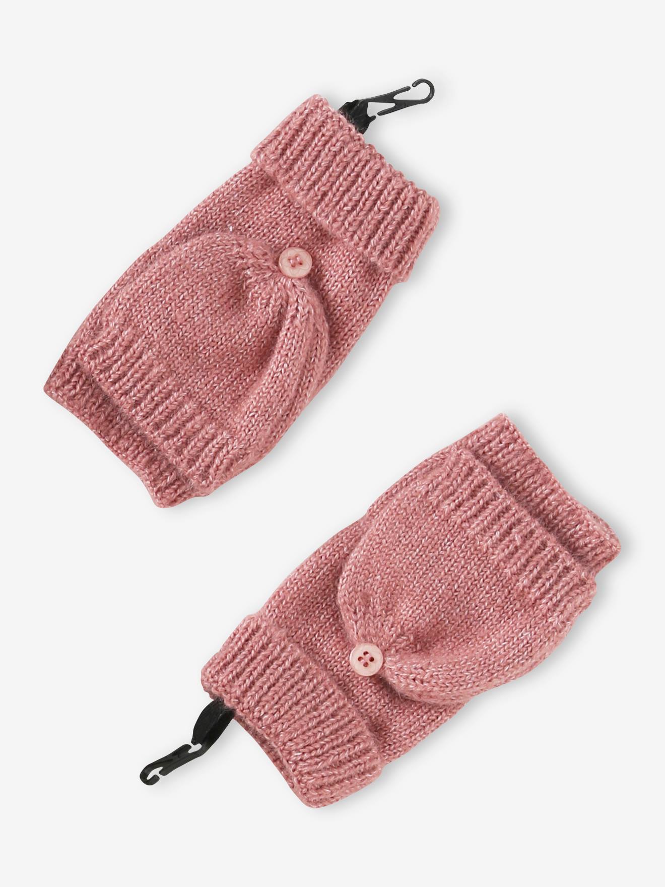 Conjunto infantil de malha canelada: gorro + cachecol + luvas/mitenes na cor rosa antigo