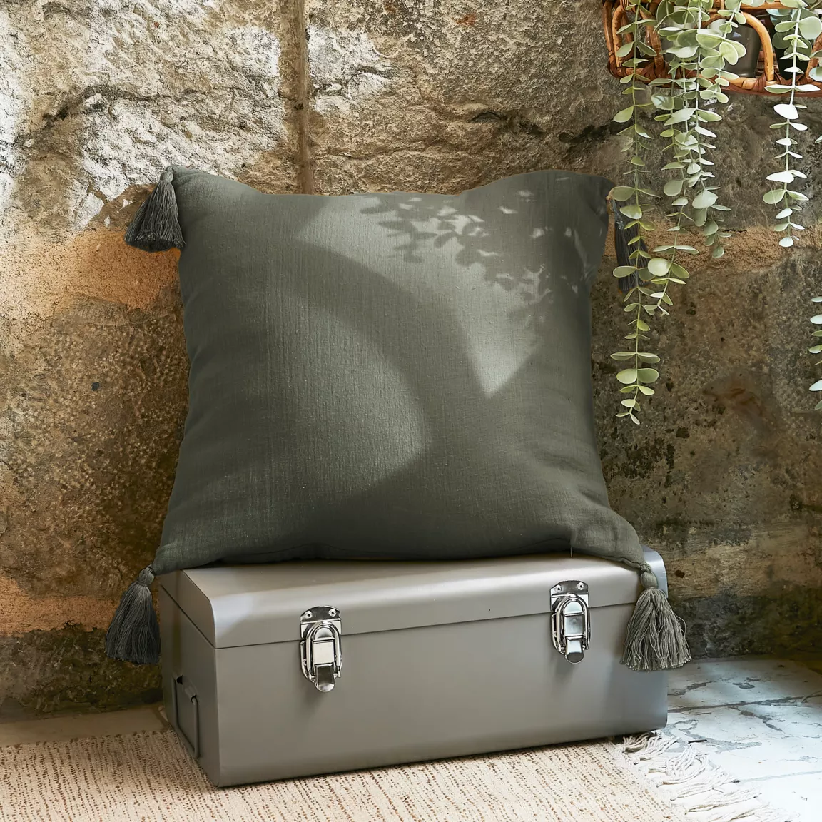 Coussin carré gaze de coton (40 x 40 cm) Gaïa Vert romarin