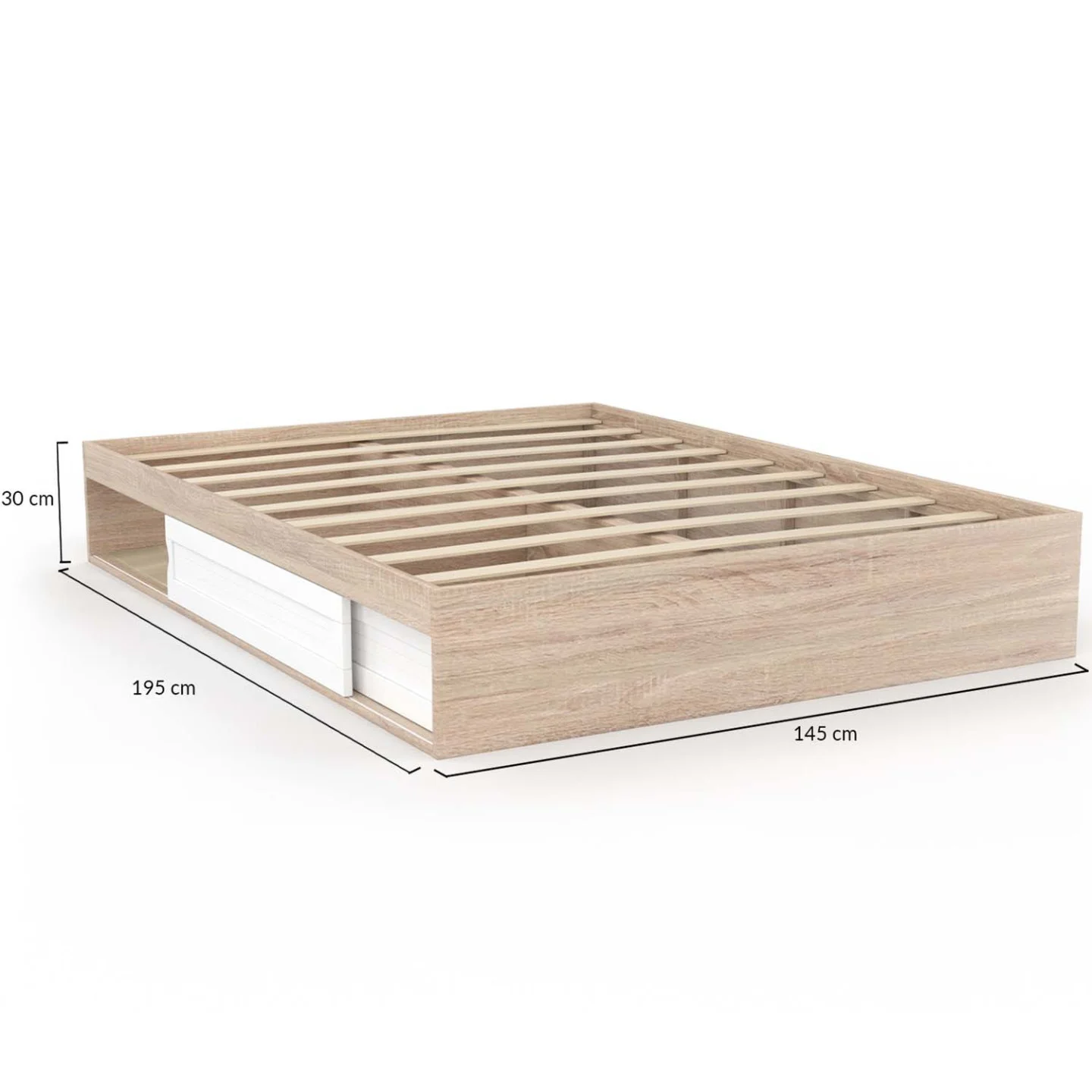 Cadre de lit double SALEM avec rangements et sommier 140 x 190 cm façon hêtre et blanc