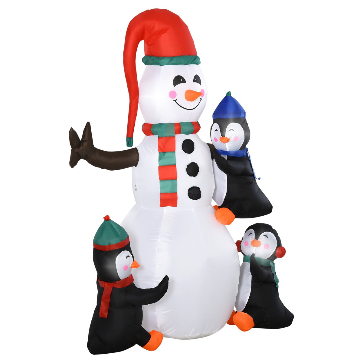HOMCOM Opblaasbare kerstsneeuwpop met 3 pinguïns, LED's, 140 x 70 x 180 cm, polyester, veelkleurig