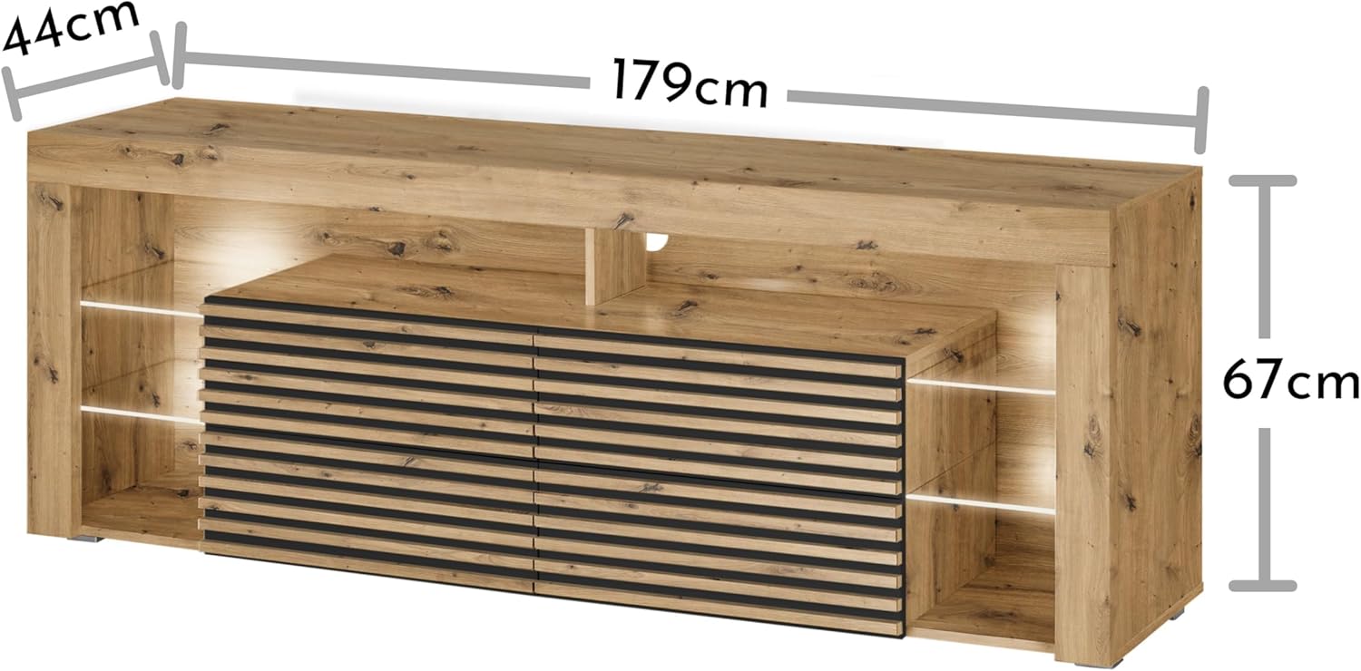 Goal 2 TV-Lowboard mit LED-Beleuchtung in Artisan Eiche Optik, Schwarz - TV Schrank mit viel Stauraum für Ihr Wohnzimmer - 179 x 67 x 44 cm (B/H/T)