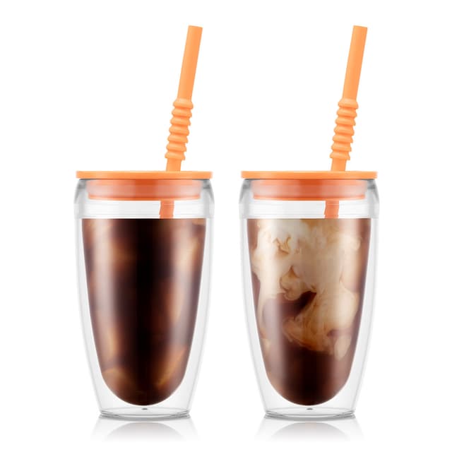 Bodum 2 stk. dobbeltvægsglas, 0.4 l, 13.5 oz med låg og sugerør PAVINA TO GO 0.4 L