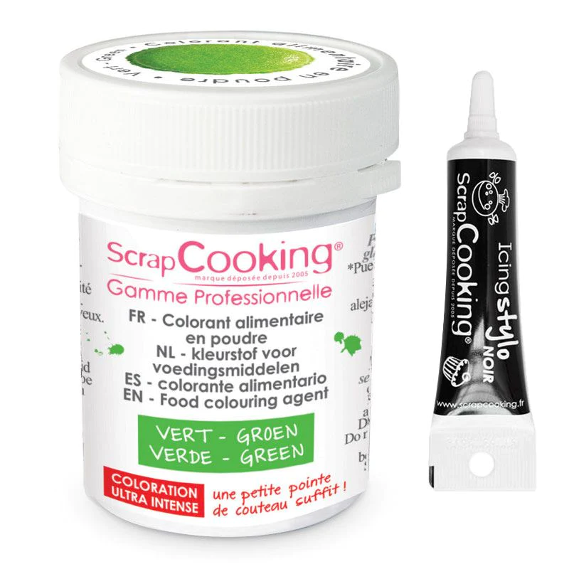 Colorant alimentaire en poudre vert + Stylo de glaçage noir Scrapcooki
