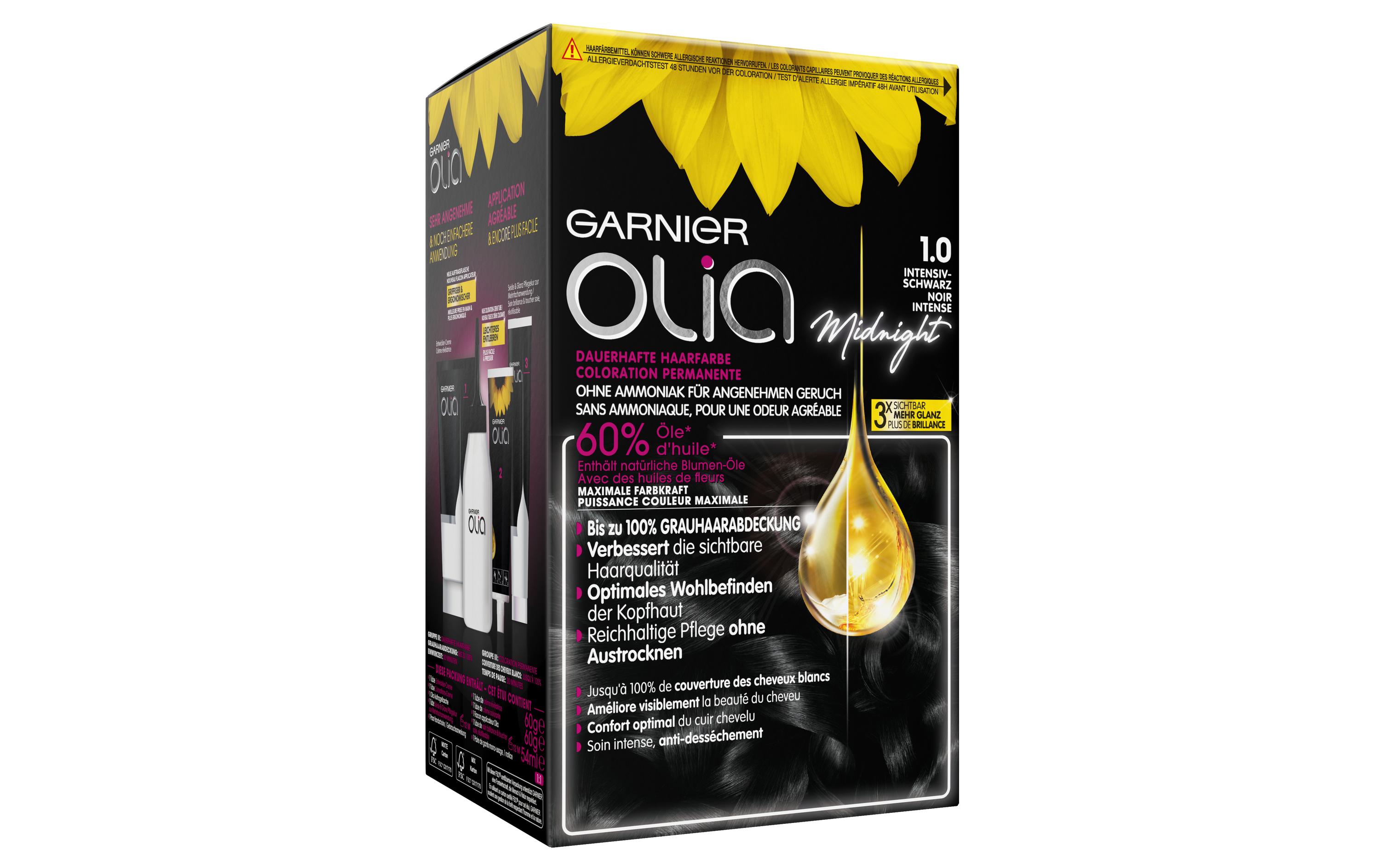 Haarcoloration Olia 1.0 Intensiv-SchwarzHaarfarbe sorgt für intensive Farbkraft und geschmeidiges, glänzendes Haar