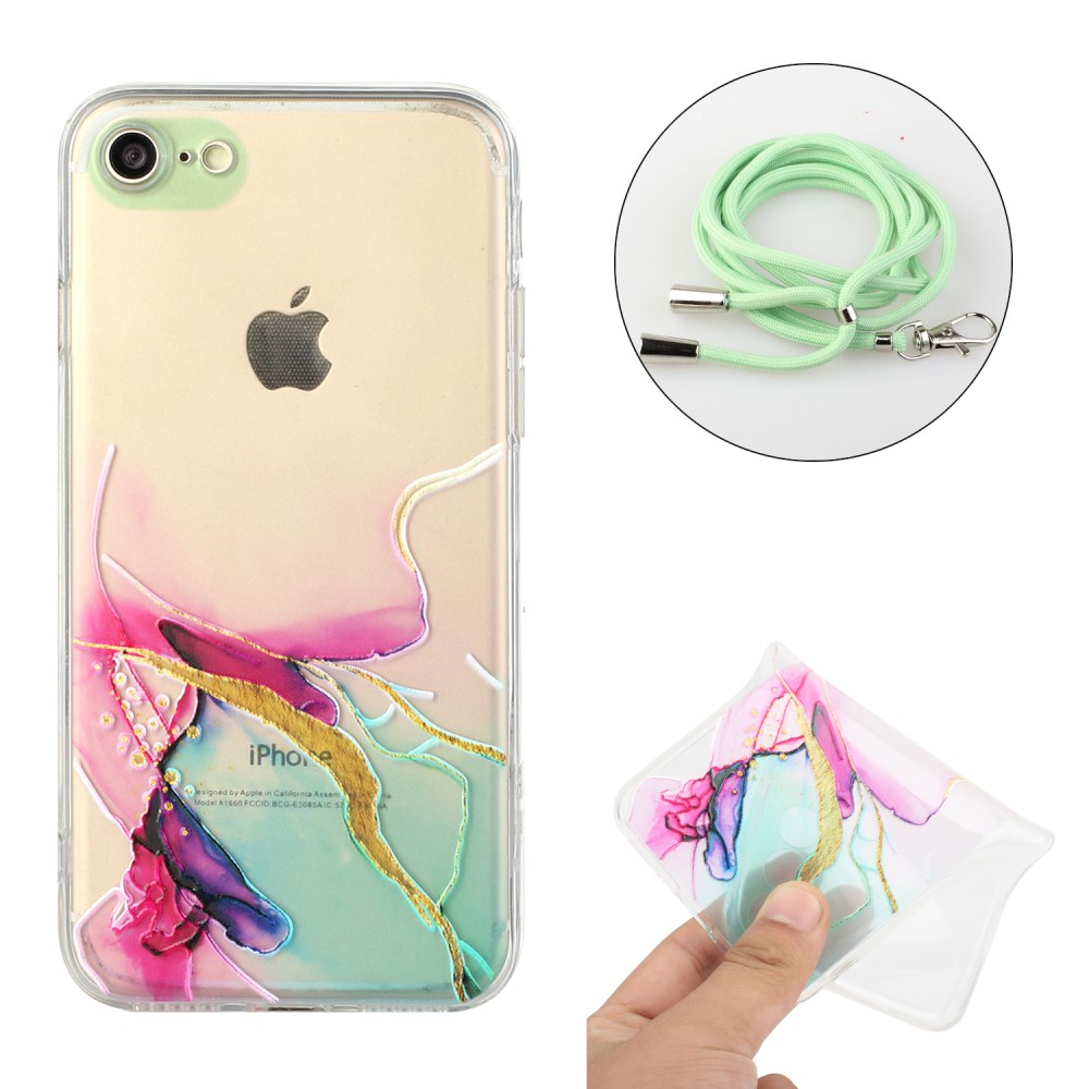 iPhone SE (2022/2020) / 8 / 7 Necklace Gummi Hülle Marmor Look mit Kameraschutz   Handykette (80cm) - Mint