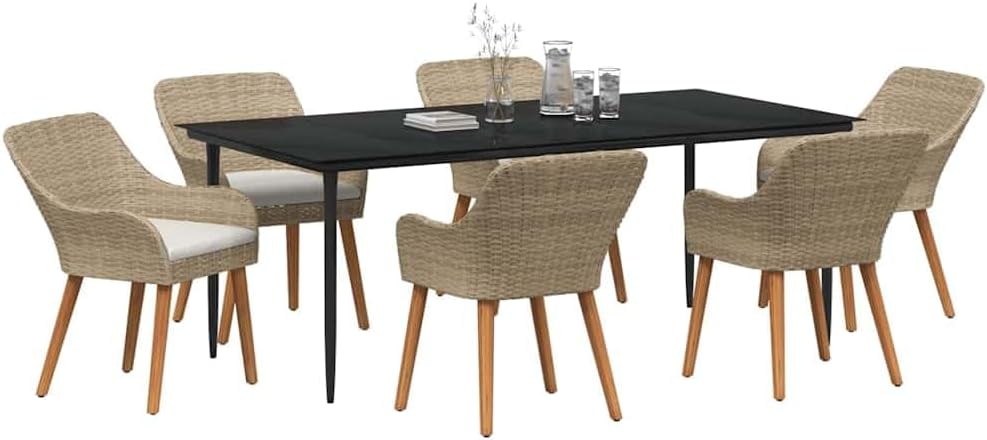 7-TLG Gartenmöbel Set Beige 200x100 cm Poly-Rattan Tisch mit Sicherheitsglas 6 Sitzplätze wetterfest Balkon Terrasse
