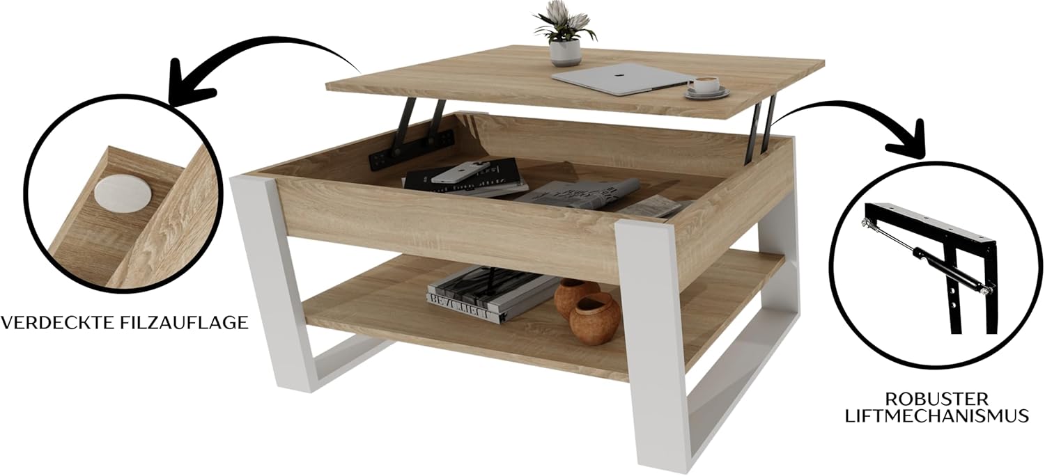 Couchtisch mit anhebbarer Platte | Höhenverstellbarer Wohnzimmertisch mit Stauraum | Sofatisch Eiche Sonoma Weiß modern mit Ablage & verstecktem Fach – Coffee Table für Wohnzimmer & Büro
