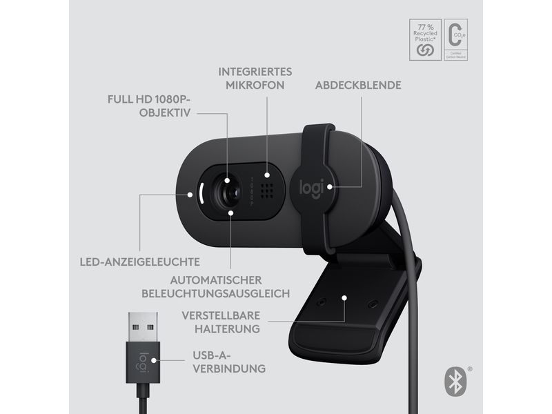 Logitech Webcam Brio 105 Full HD 1080p 30 fps Eine Full HD-Business-Webcam mit 1080p, automatischem Lichtausgleich und integrierter Abdeckblende