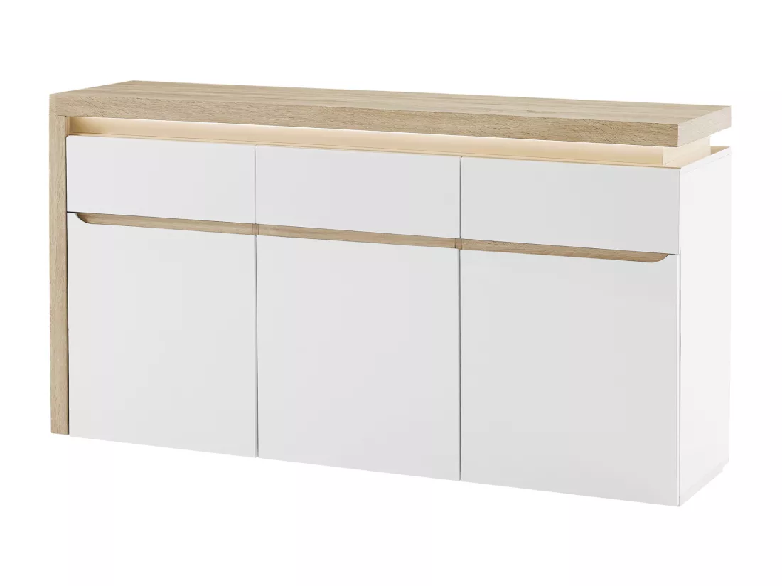 Buffet 3 portes et 3 tiroirs avec LEDs en MDF - Blanc laqué et Naturel - VADEMOSA