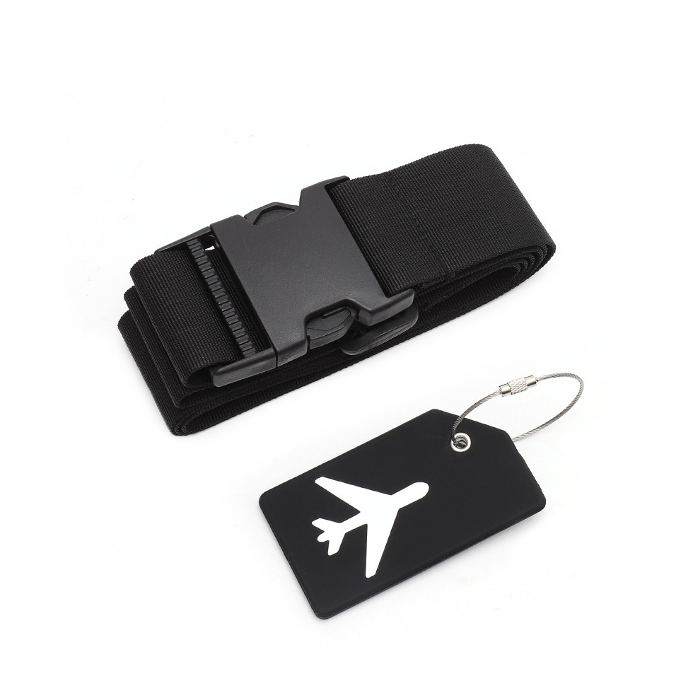 (2-tlg. Set) Kofferanhänger Luggage Tag mit Adressschild   Gepäckgurt - Schwarz