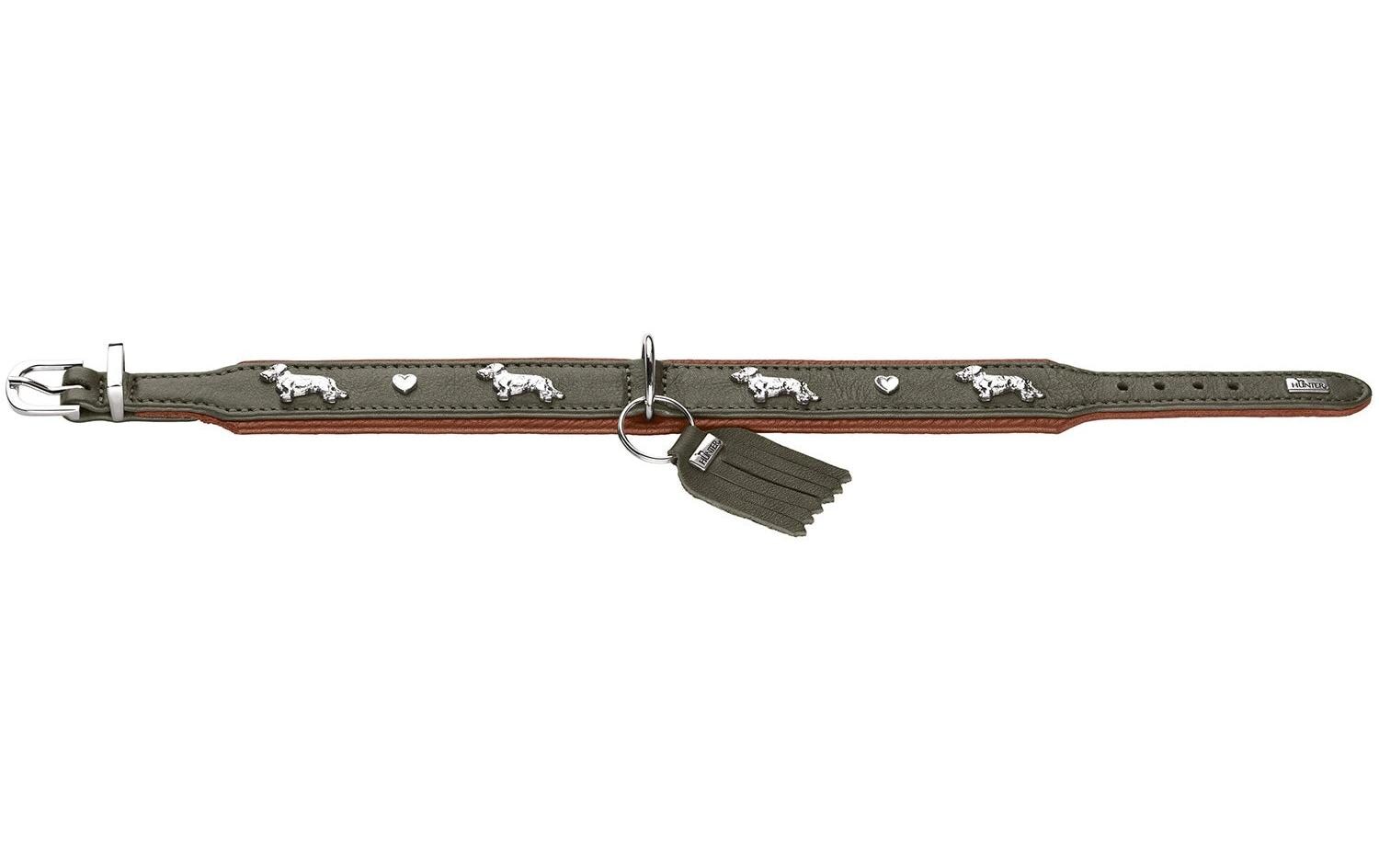 Teckel-Halsband München 37/XS-S, Rindsleder, Grün/CognacKlassisches Halsband für Hunde mit auffälligen Dackel-Besätzen