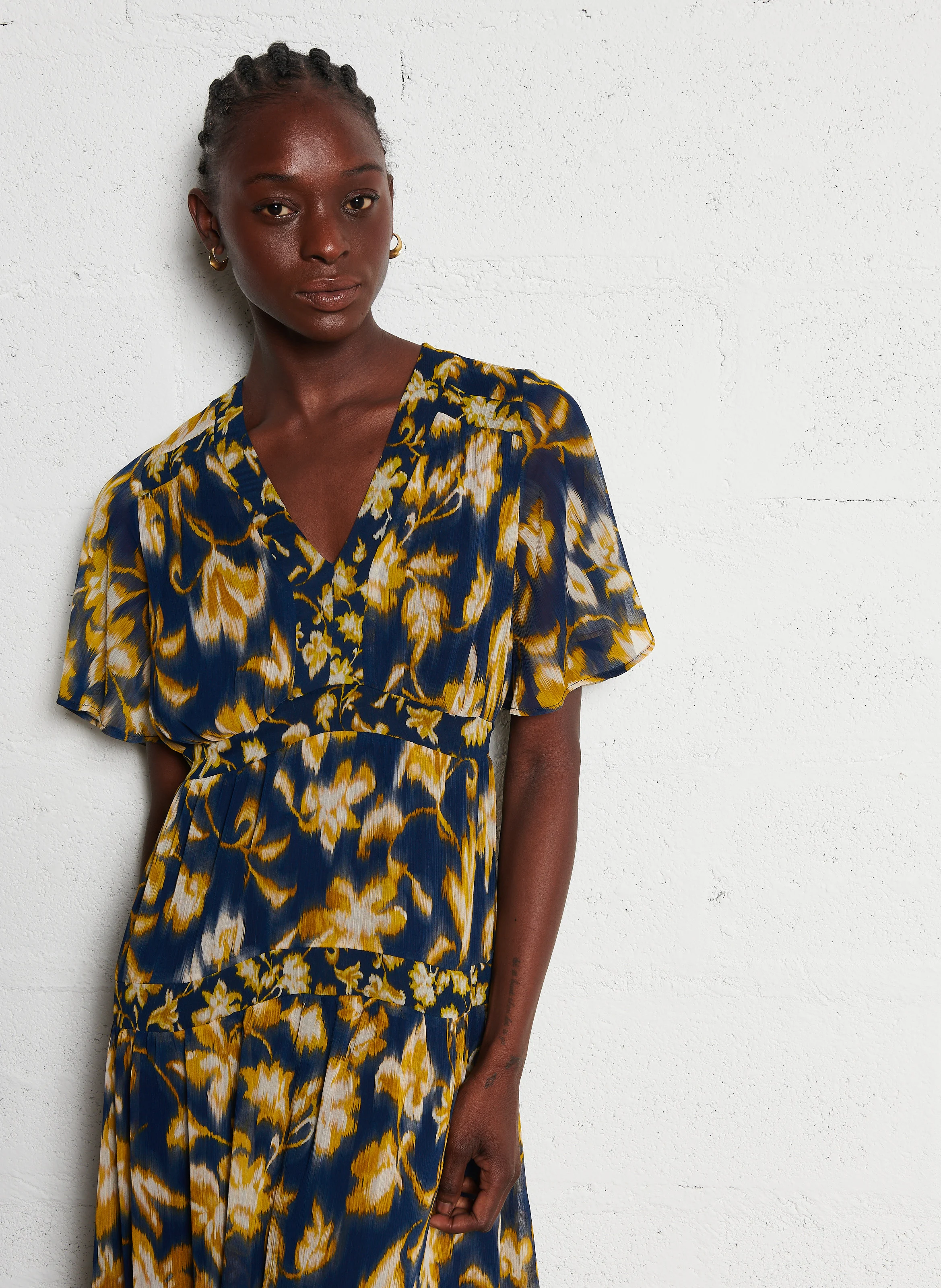 ROSILIE - Robe longue col V imprimée | Bleu