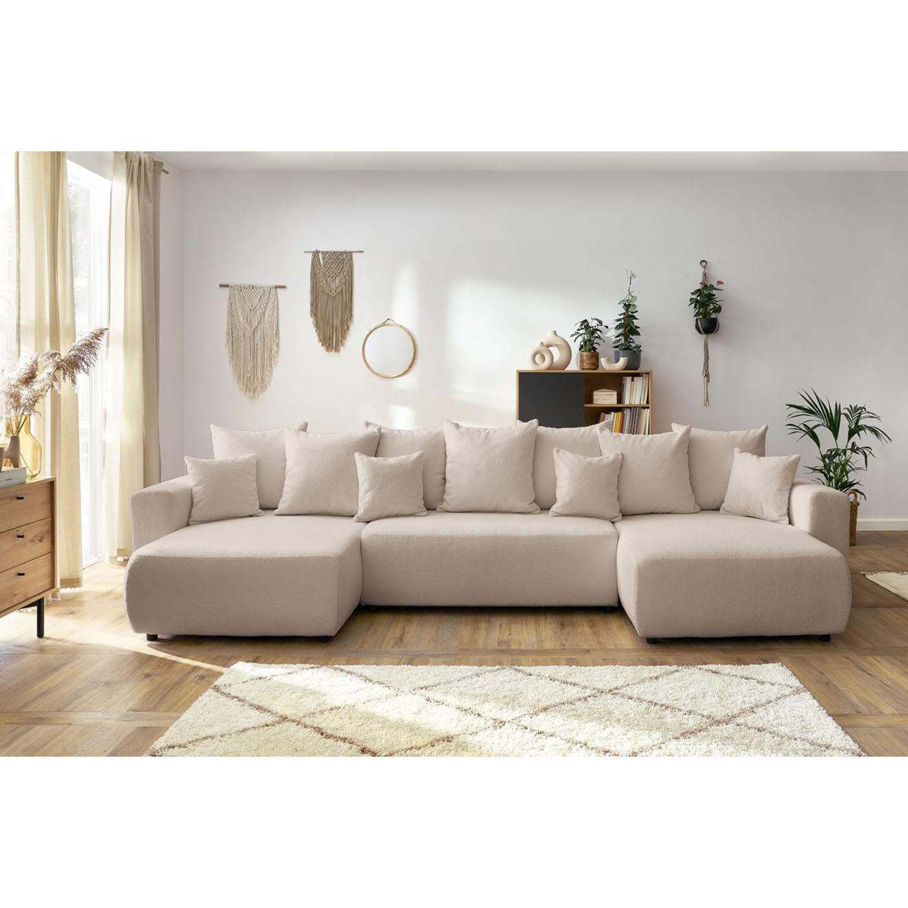 Bobochic Canapé panoramique convertible coffre bouclette envy beige - 386x153x95 cm