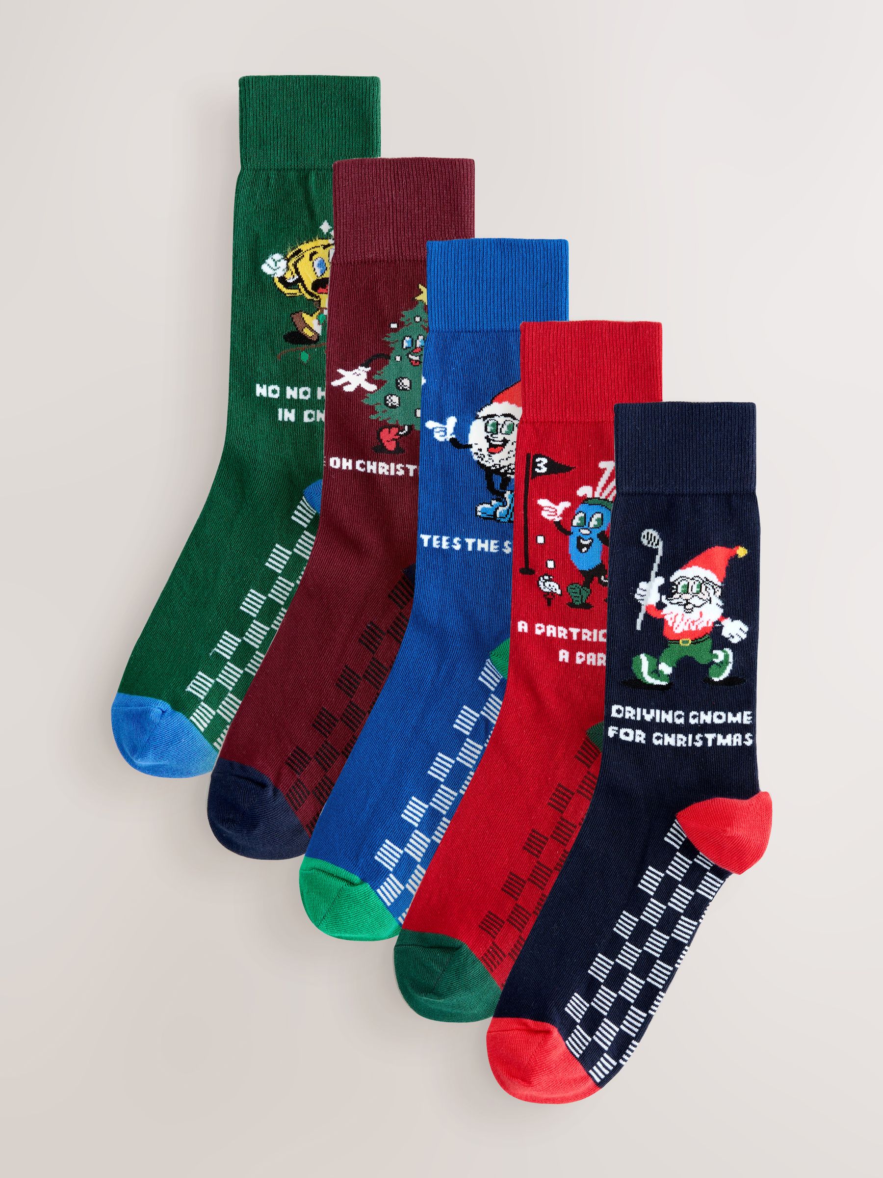 Blauw/groen/rood golf novelty - 5 pack sokken met kerstpatroon