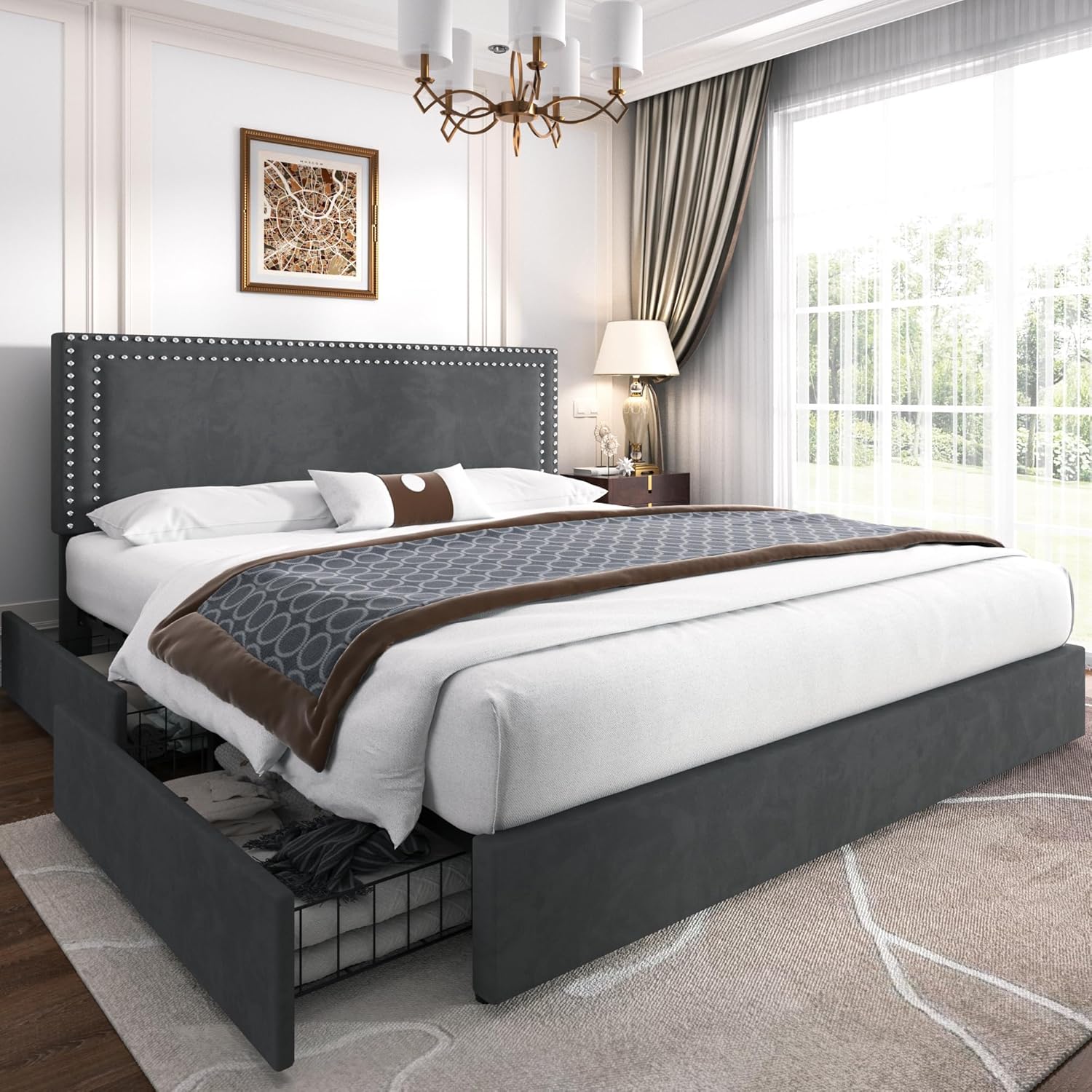 VECELO Polsterbett Doppelbett 140 x 200 cm mit 4 Stauraum Schubladen, Doppelbettgestell mit Höhenverstellbarem Kopfteil und Bettkasten, Bett mit Stauraum und Lattenrost, Ohne Matratze, Samt, Grau