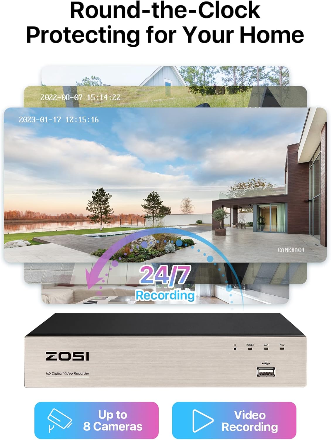 ZOSI 1080P Verkabelt Aussen Überwachungskamera Set ohne Festplatte, 8CH HDMI DVR, 4 Outdoor 2MP Video Sicherheitskamera, IR Nachtsicht, Bewegungsalarm