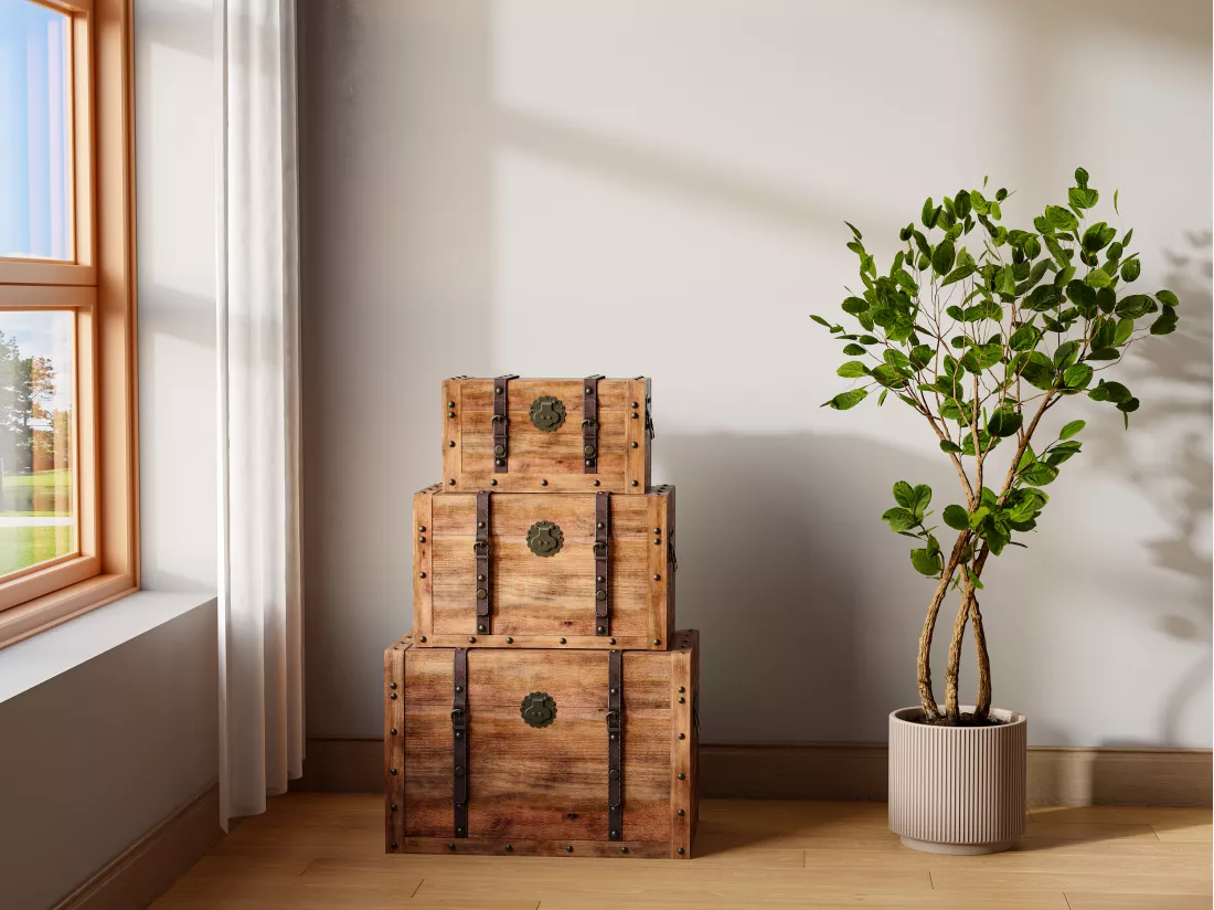 Lot de 3 malles en bois de sapin et MDF - 3 tailles - Naturel - ESPARTA