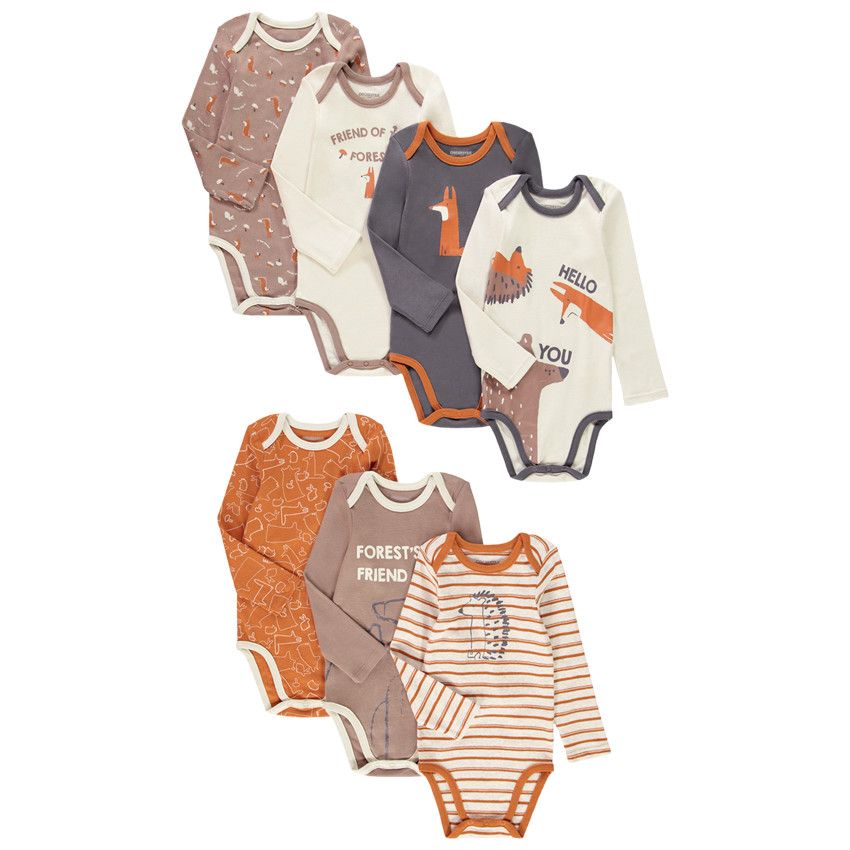 Lot de 7 bodies manches longues en coton bio print animaux pour bébé garçon - Ecru