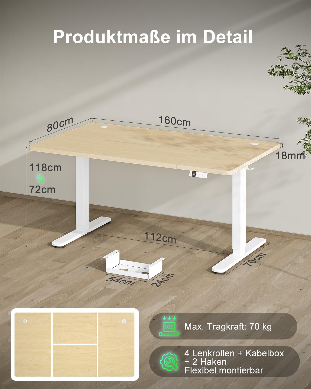 Devoko Höhenverstellbarer Schreibtisch 160x80cm mit Typ-C Ladeanschluss, Schreibtisch Höhenverstellbar Elektrisch, Mobiler Elektrisch Computertisch mit Kabel Management Tray, Eiche