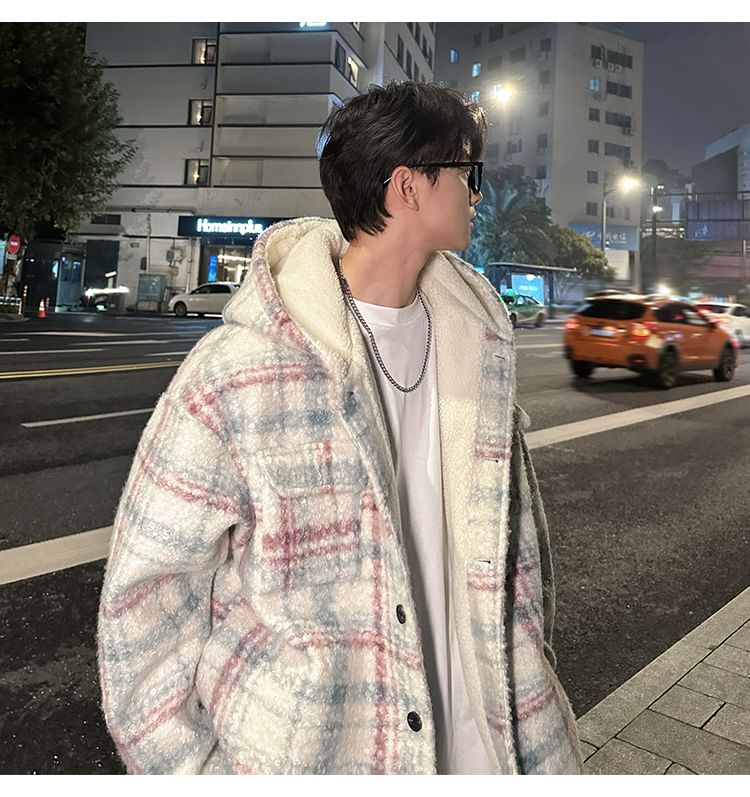 KimKlose - Oversized jas met capuchon en geruite knoopsluiting en verlaagde schouders