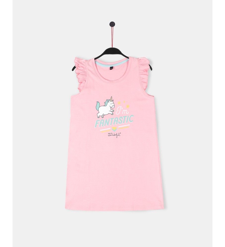 Vestido de praia Aznar Innova rosa com estampa de unicórnio e alças finas