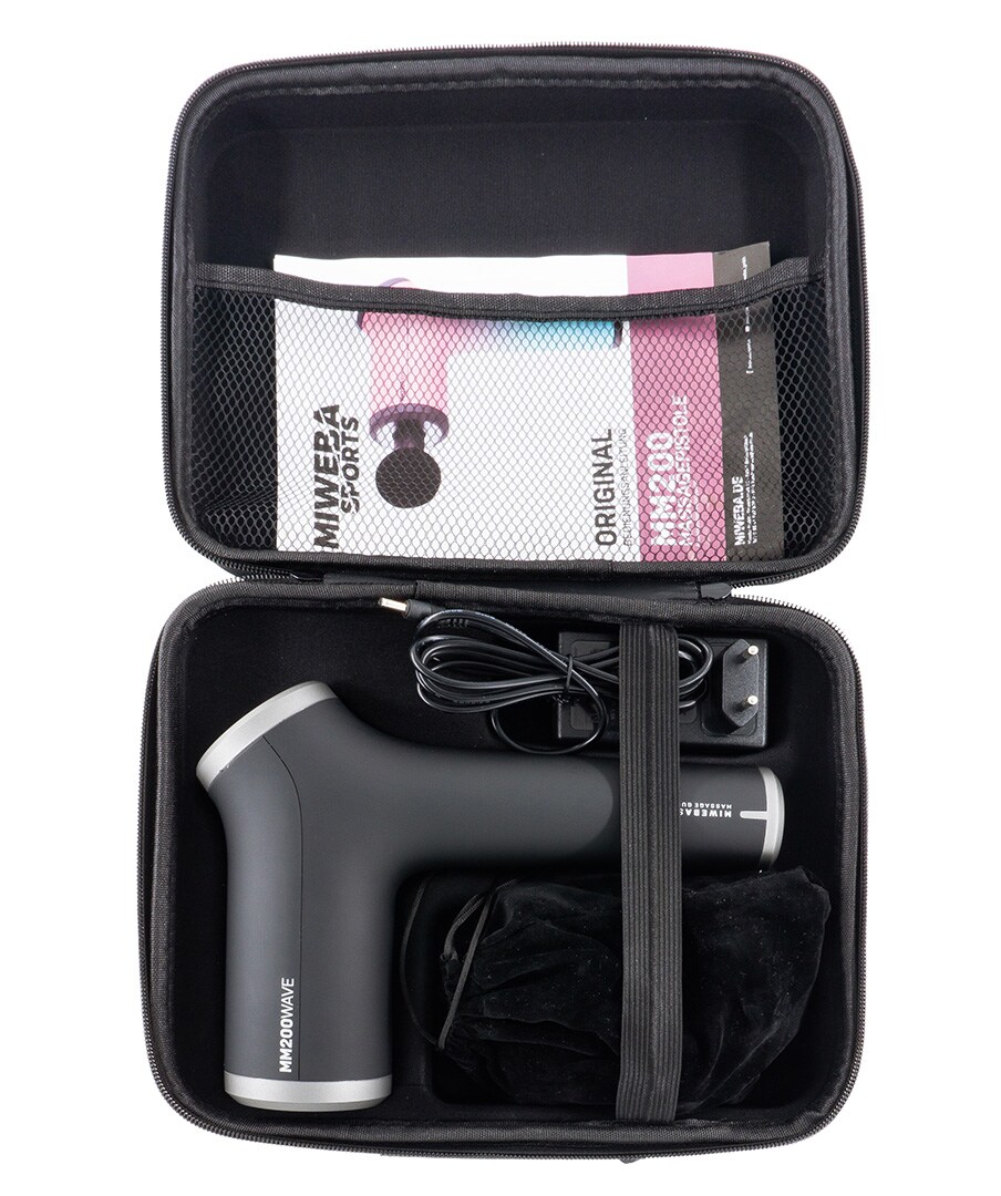 Miweba Sports Massagepistole MM200, Massage-Gun 2500 mAh für Faszien-Muskelmassage mit 6 Aufsätzen (Schwarz/Grau)