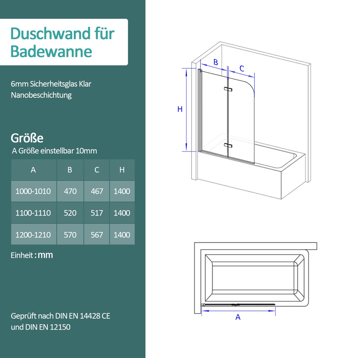 EMKE Badkuipvouwschermen, 100x140cm Douchewand voor Bad, Vouwwand, Douchescherm, Badkuipscherm NANO Easy-Clean Coating