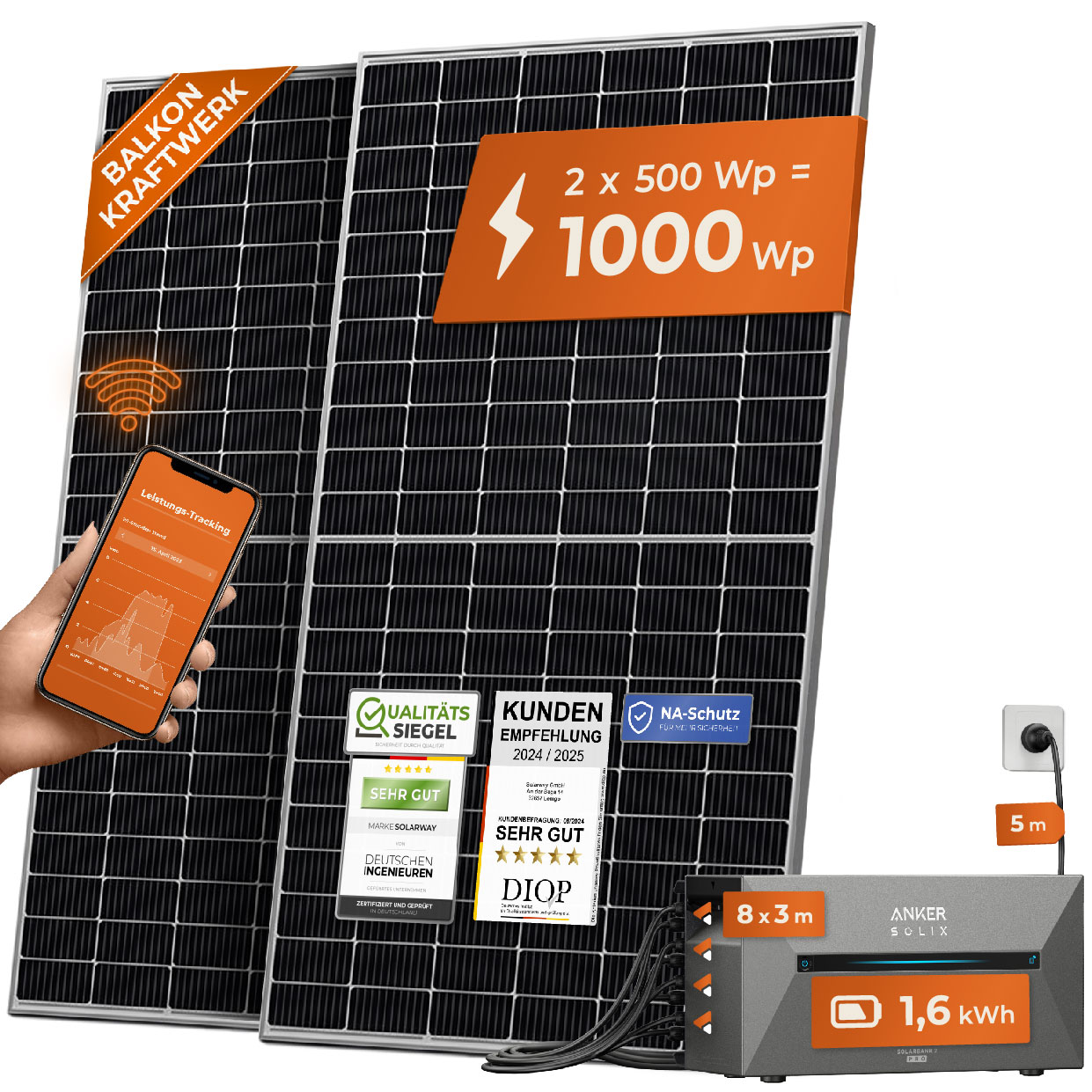 Solarway All In One 1000W Balkonkraftwerk komplett Solarpaket mit 1,6 kWh Anker Solix 2 PRO Speicher, Plug&Play