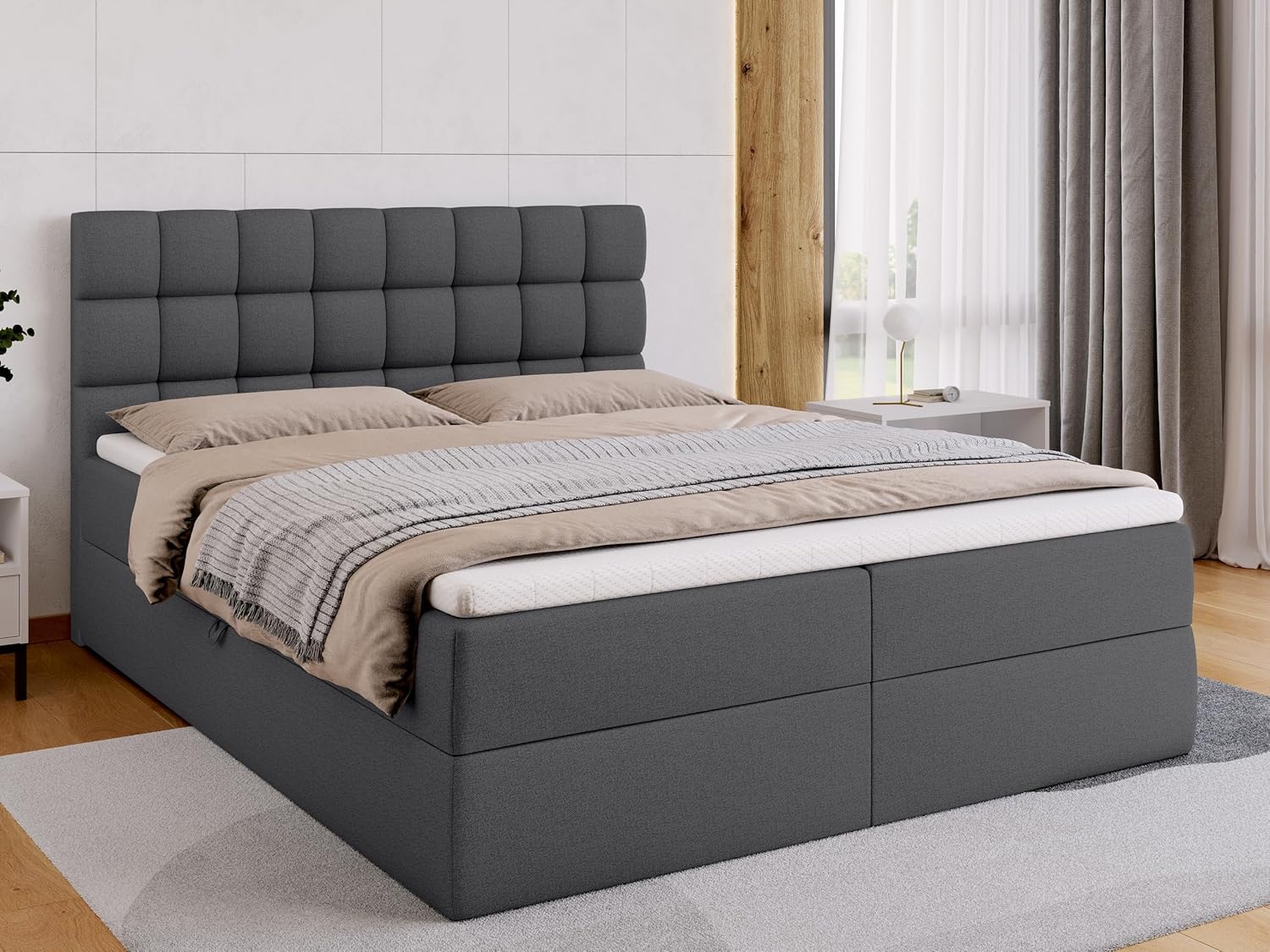 BROMARKT Boxspringbett mit Bettkasten Polsterbett mit Bonell-Matratze und Topper Bett für Schlafzimmer gepolstertes Kopfteil Dakota bonellfedern 160x200 Härtegrad H3 Dunkelgrau