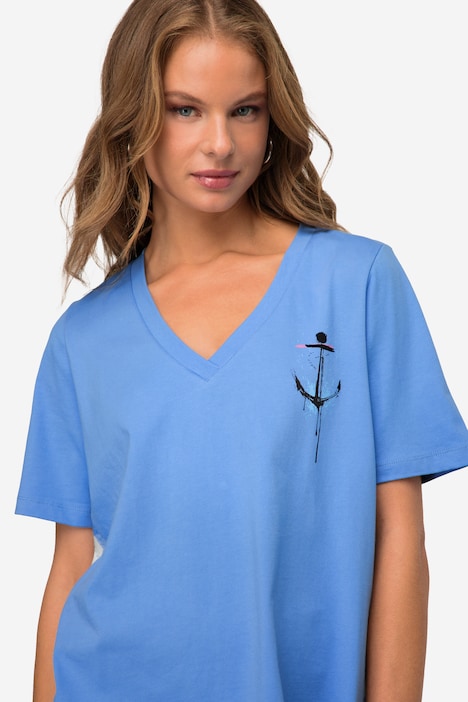 T-Shirt, A-Line, seitliches Karo, V-Ausschnitt, Halbarm