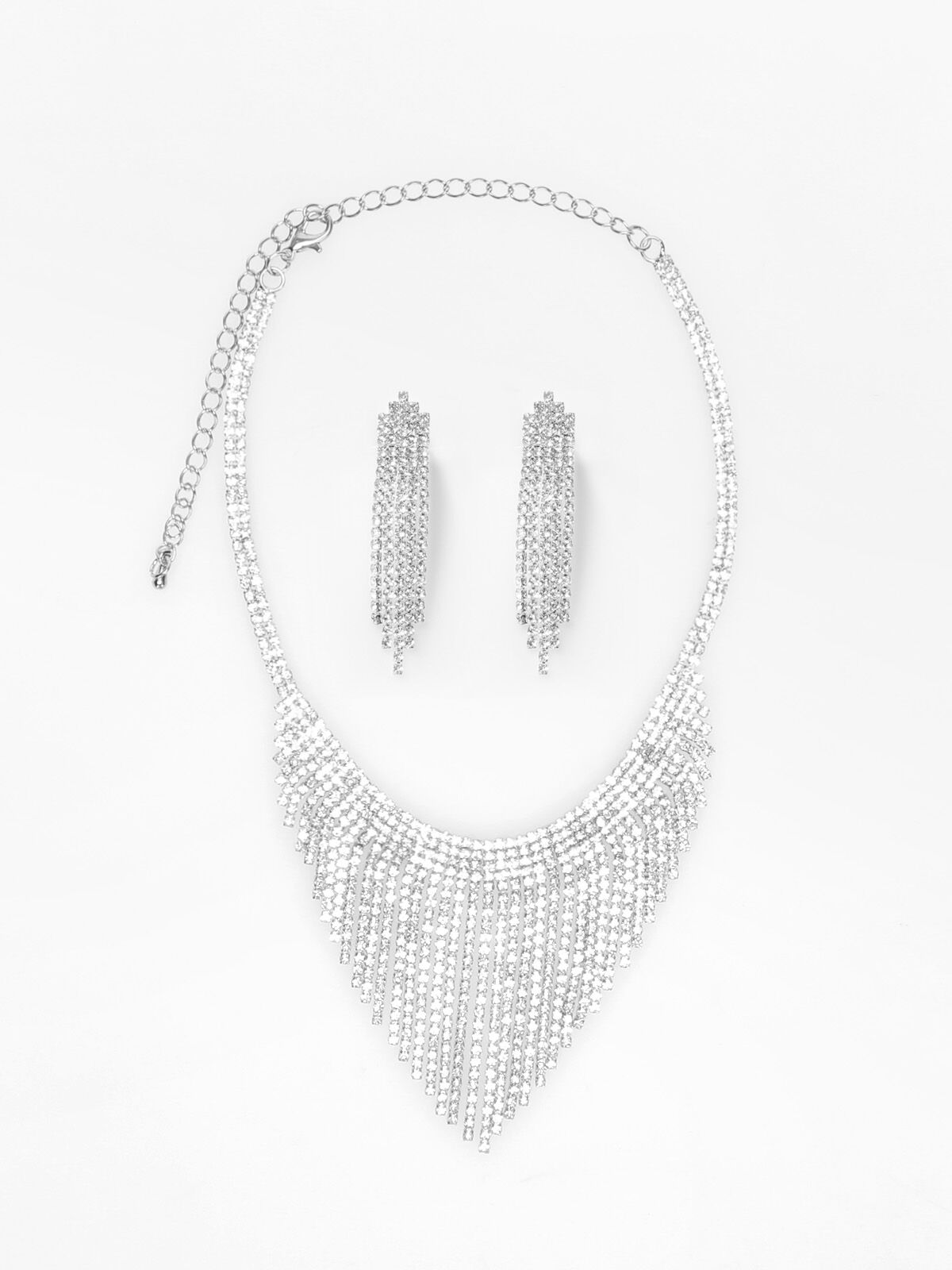 Parure collier et boucles à franges strassées- Argenté