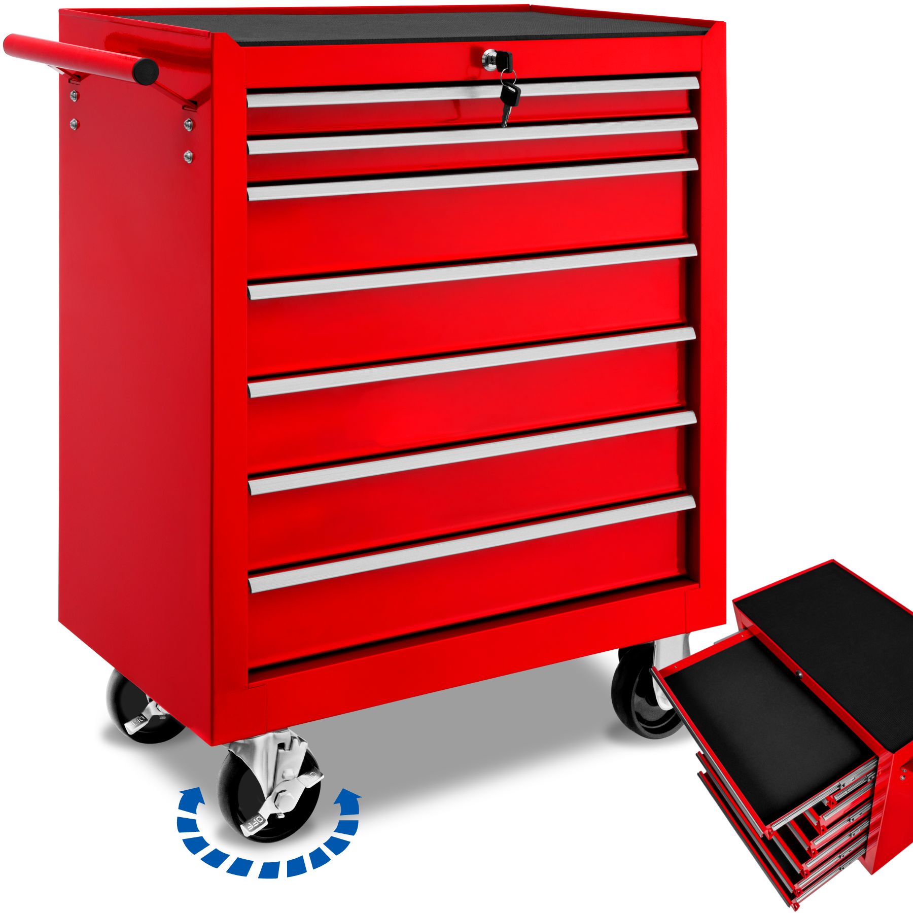 tectake® Werkzeugwagen, 7 kugelgelagerte Schubladen mit Antirutschmatten, zentrale Sicherheitsverriegelung, Rollen Ø 100 mm