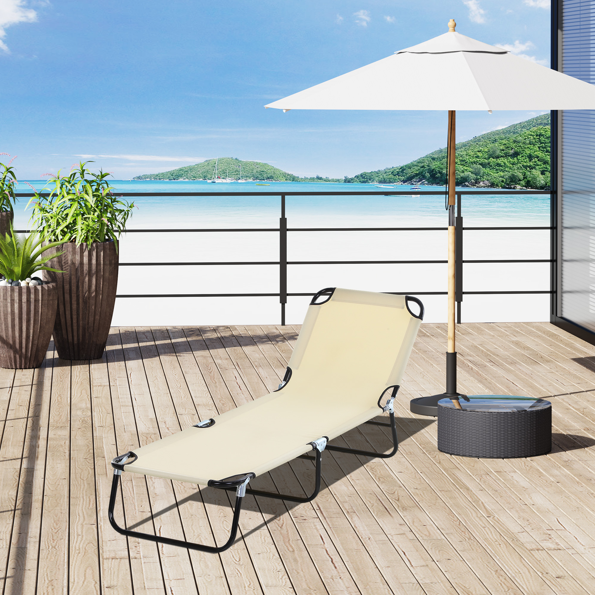 Espreguiçadeira dobrável e reclinável Outsunny com 5 ângulos ajustáveis para jardim, piscina, terraço e camping, capacidade de carga de 120 kg, 188 x 56 x 28 cm, bege.