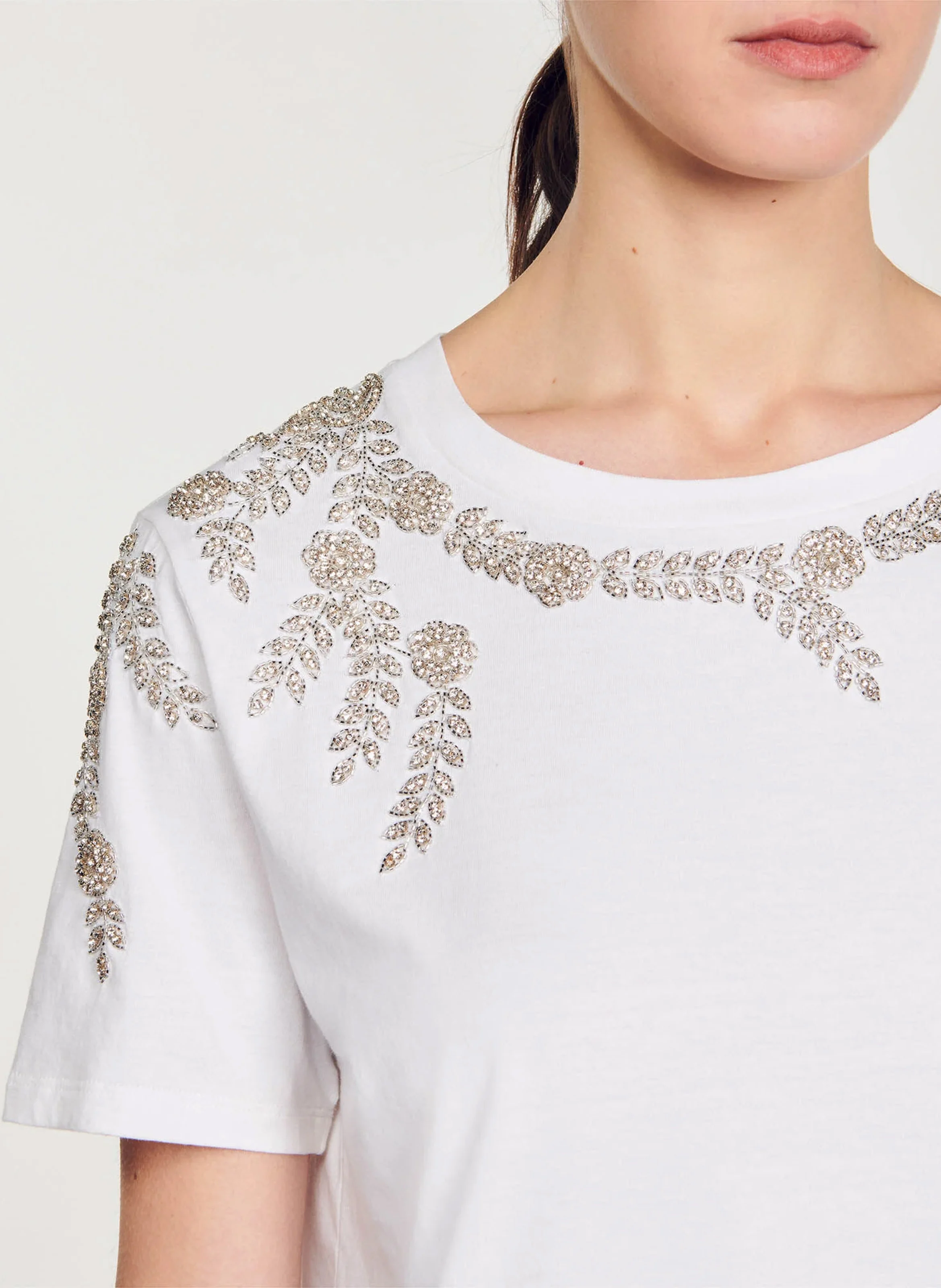 Tee-shirt col rond à sequins en coton| Blanc