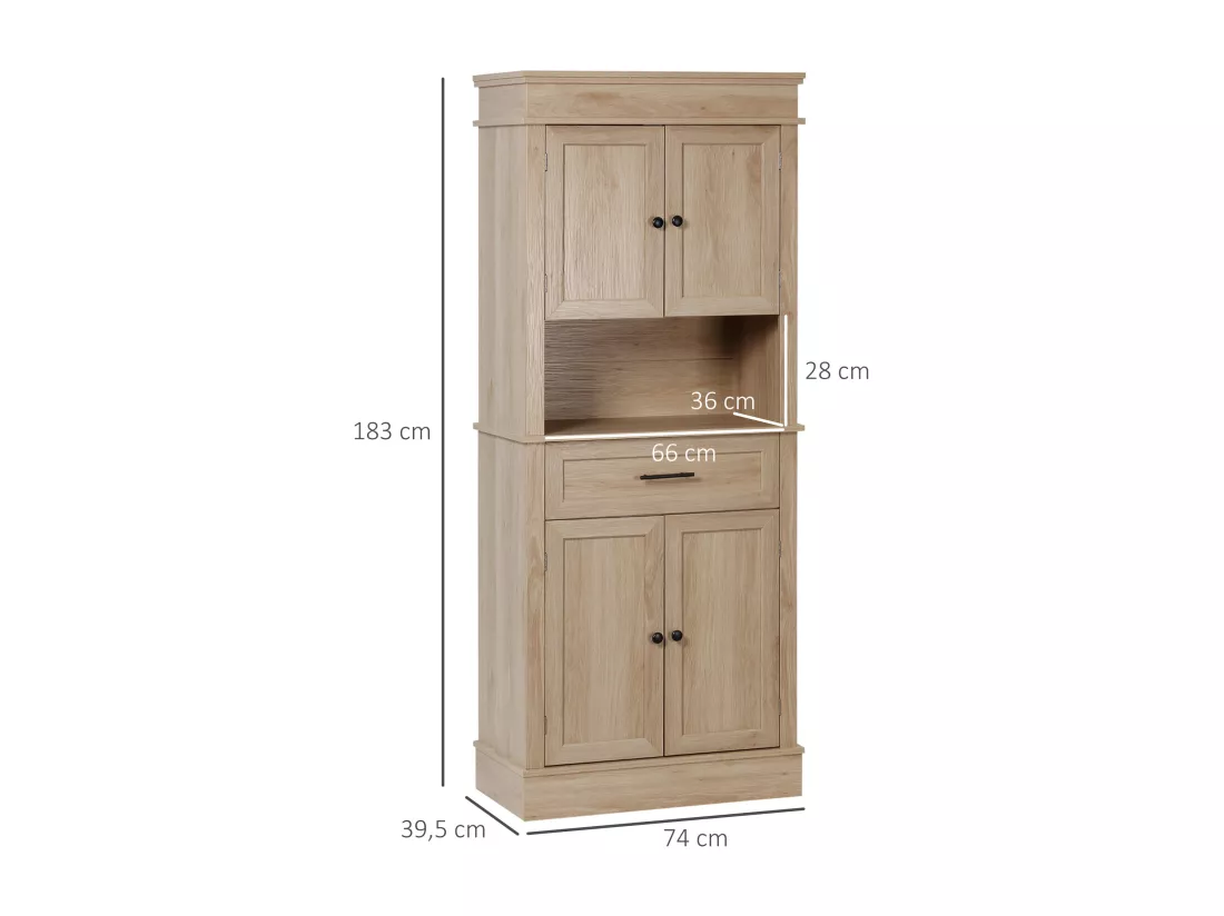 Buffet haut armoire de cuisine multi-rangement 2 placards 2 portes tiroir niche MDF panneaux aspect chêne clair