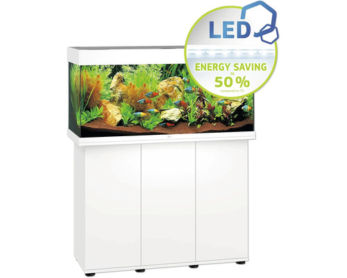 JUWEL Rio 180 SBX aquariumcombinatie met LED-verlichting, verwarming, filter en witte kast inclusief starterset met omgekeerde osmose-installatie, Easy Life verzorgingsset, tropische voeding, grind, Deponit Mix, digitale thermometer, grindzuiger, pla