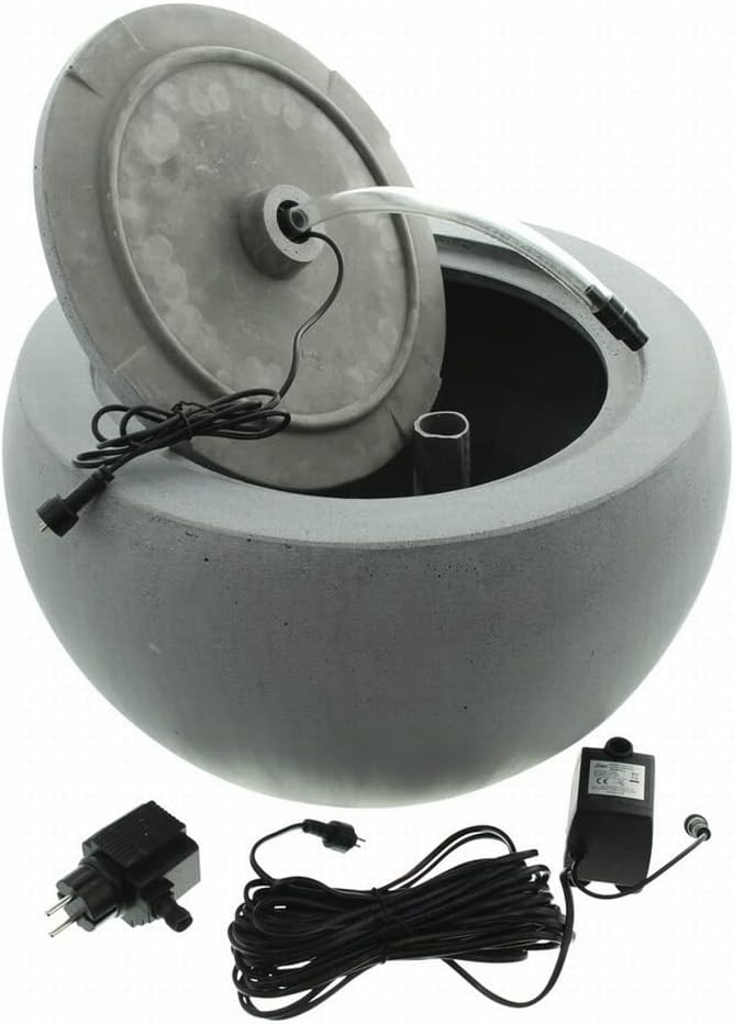 Outdoor Brunnen Harmonie in Kugel Form mit LED Beleuchtung, Beton Optik, grau, Zierbrunnen, Gartenbrunnen