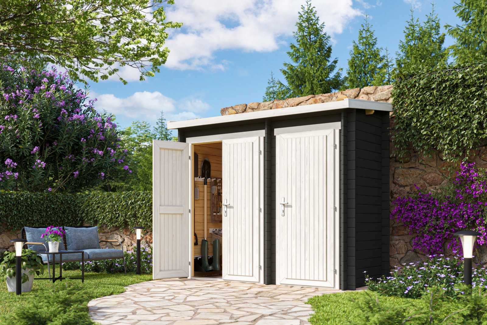 Blockbohlenhaus - carbongrau - Fichtenholz massiv - 280x125 cm