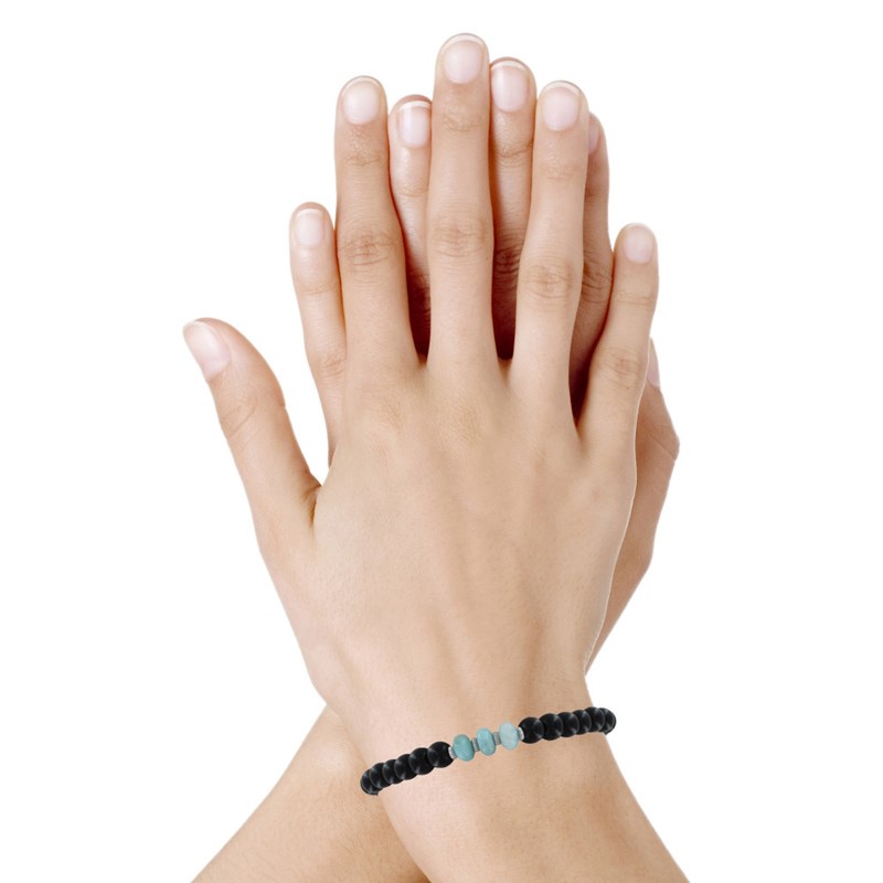 Duo Bracelets Homme et Femme Perles d'Ebènes et Trois Anneaux de Larimar