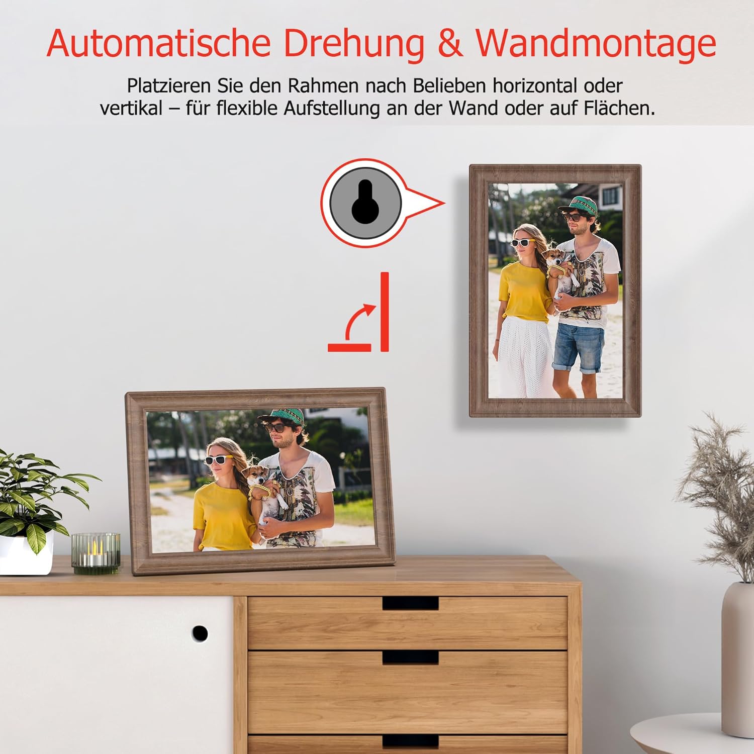 64GB FRAMEO 15.6 Zoll Digitaler Bilderrahmen 64GB Holzmaserung - FHD 1920 * 1080P IPS Touchscreen Digitale Bilderrahmen Auto Rotation Elektronischer Fotorahmen, Teilen Sie Fotos/Videos Sofort