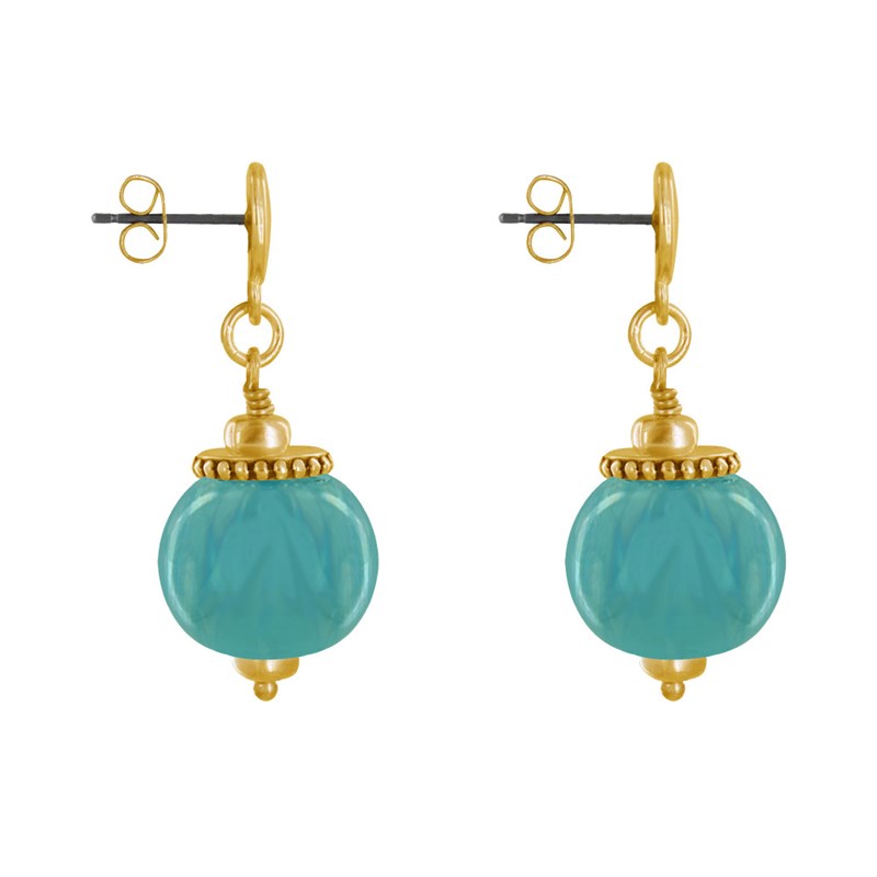 Boucles d'Oreilles Clous Métal Doré et Grosses Perles en Céramique