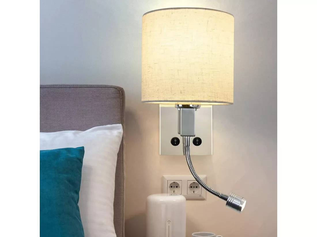 NETTLIFE Applique LED avec interrupteur, applique murale d'intérieur, lampe de lecture, abat-jour en tissu, lampe de lit orientable