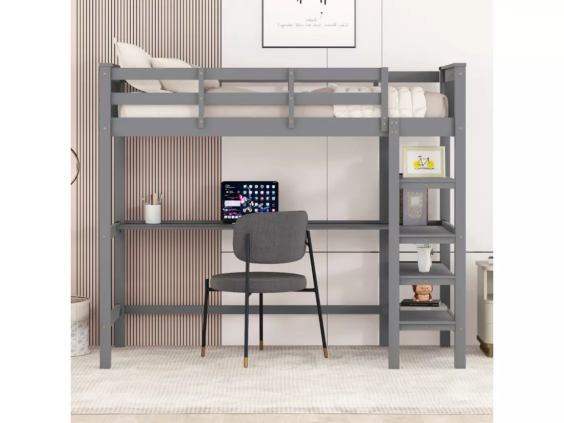 Lit mezzanine 90 x 200 cm pour enfant - bureau + étagères de rangement - gris