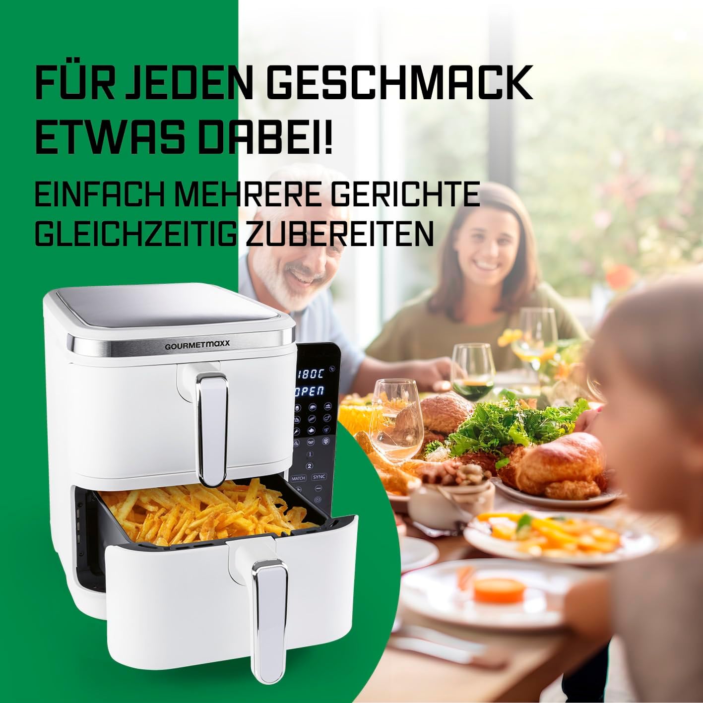 GOURMETmaxx FryUp Vertikale Doppelkammer Heißluftfritteuse | vertikaler Airfryer | klappbares Touchdisplay | 32% platzsparender | Fassungsvermögen 10L | Heißluftfritteuse 2 Kammern