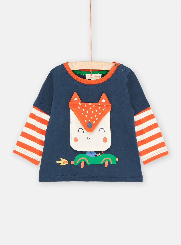 T-shirt bleu outremer à poche renard pour bébé garçon