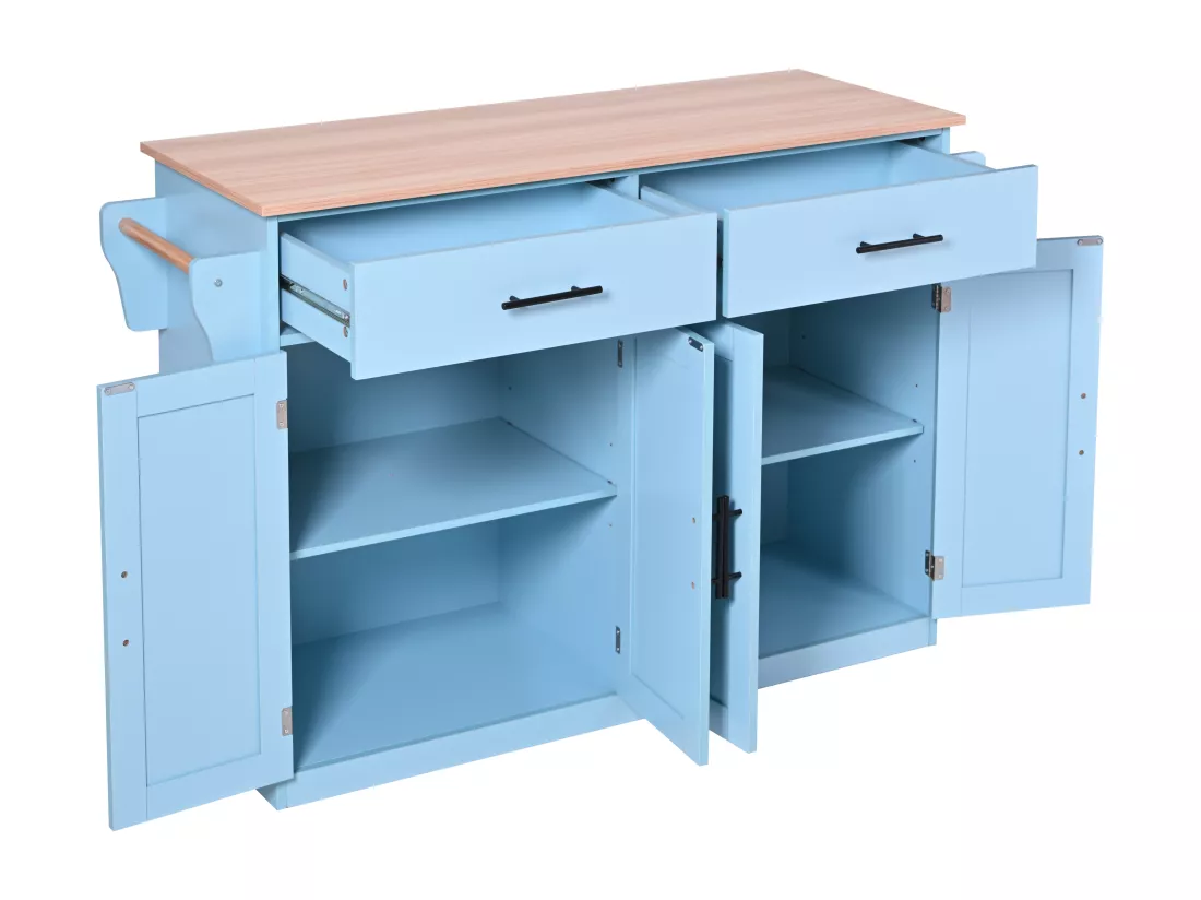 Ilot central de cuisine - 2 tiroirs et 4 compartiments - pieds en roulettes ou en bois - Bleu