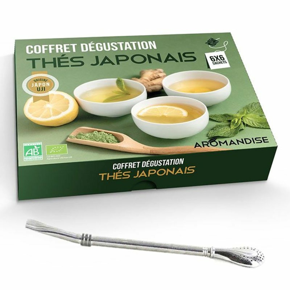 Coffret thés japonais en infusettes + paille inox avec filtre