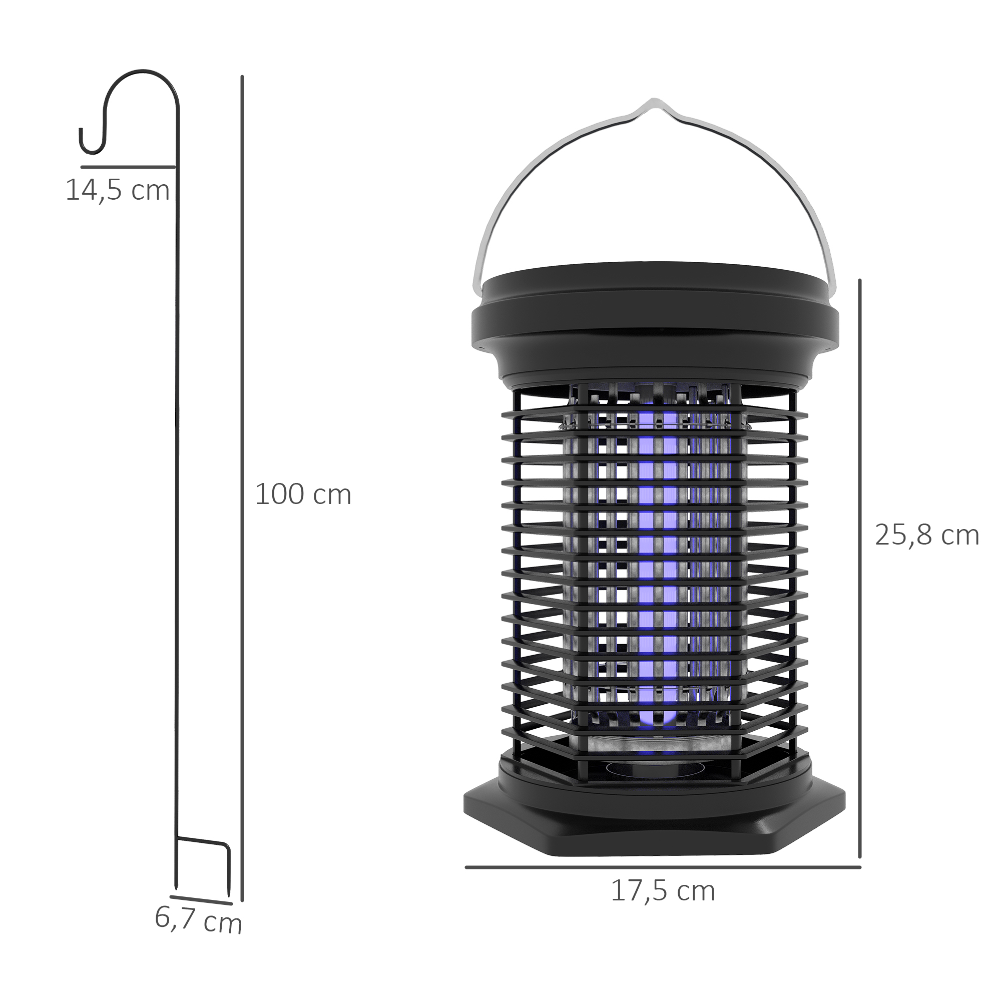 Lâmpada Mata-Mosquitos Elétrica 2 em 1 Outsunny, 9W, com Luzes UV LED, Recarregável por Energia Solar e USB, com Suporte, Cobertura de 30 m² para Jardim, Terraço e Pátio, Preta