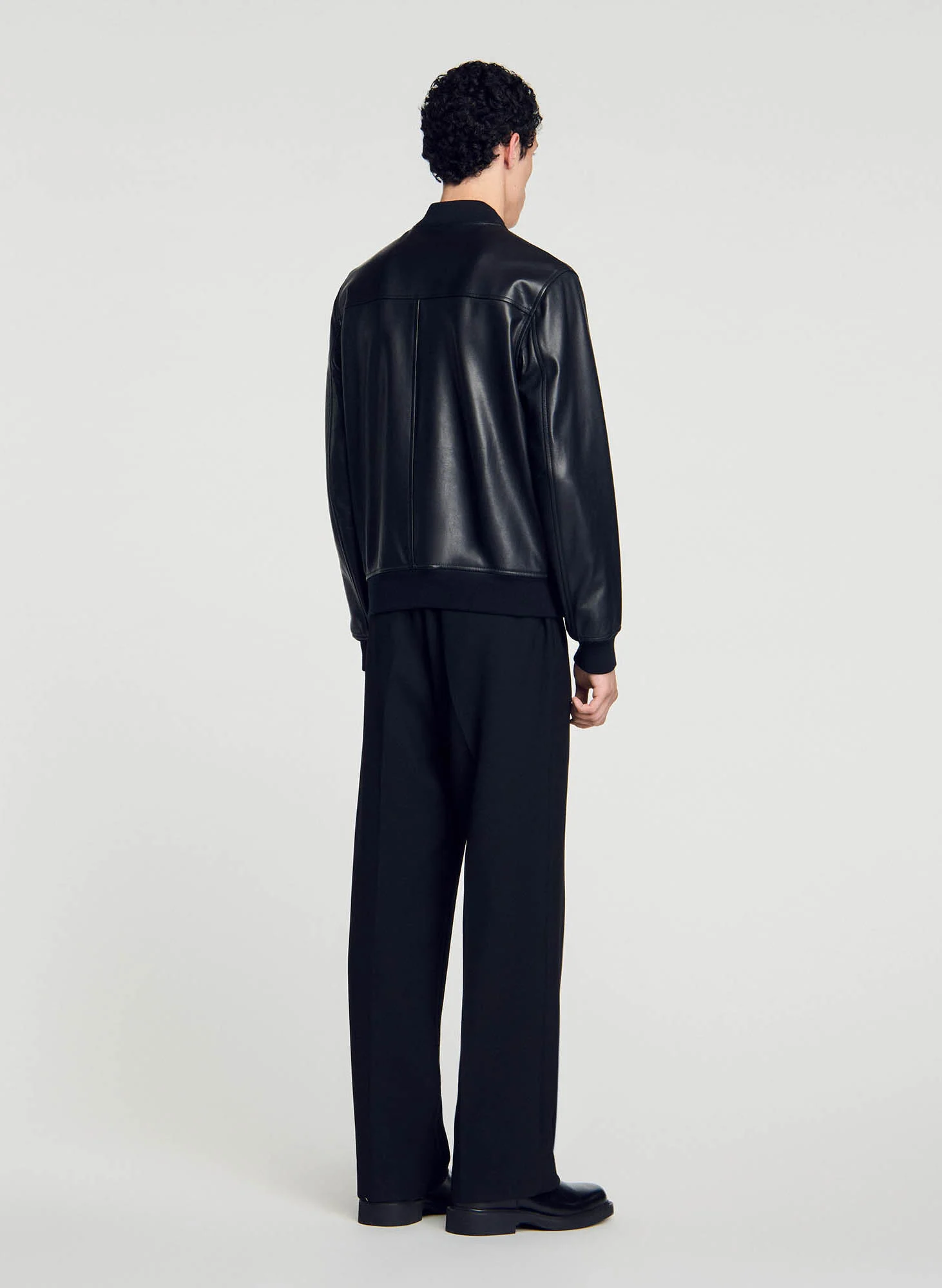 Blouson droit en cuir | Noir