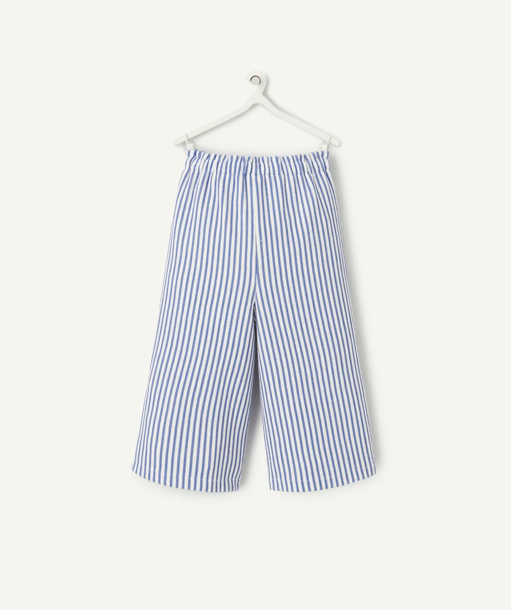 pantalon large bébé fille en fibres recyclées écru et tricot côtelé à rayures bleues